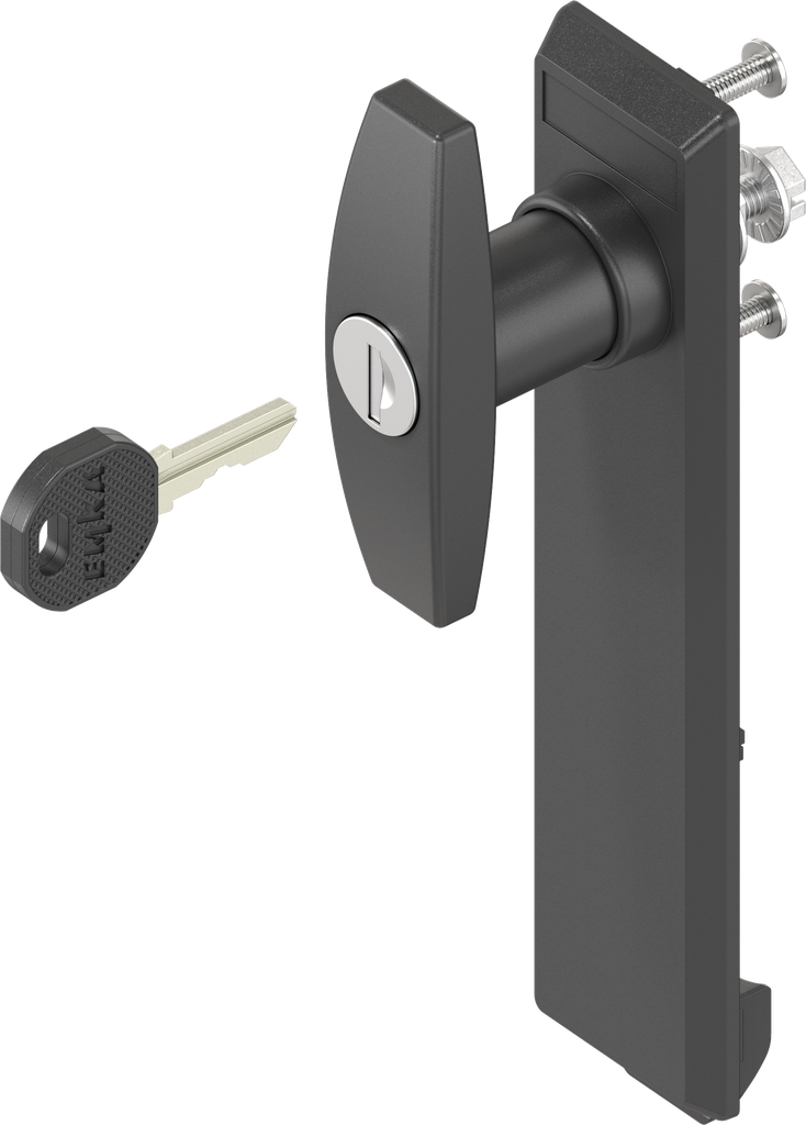 Escutcheon with T-handle, keyed different, Polyamide black and zinc die black powder-coated