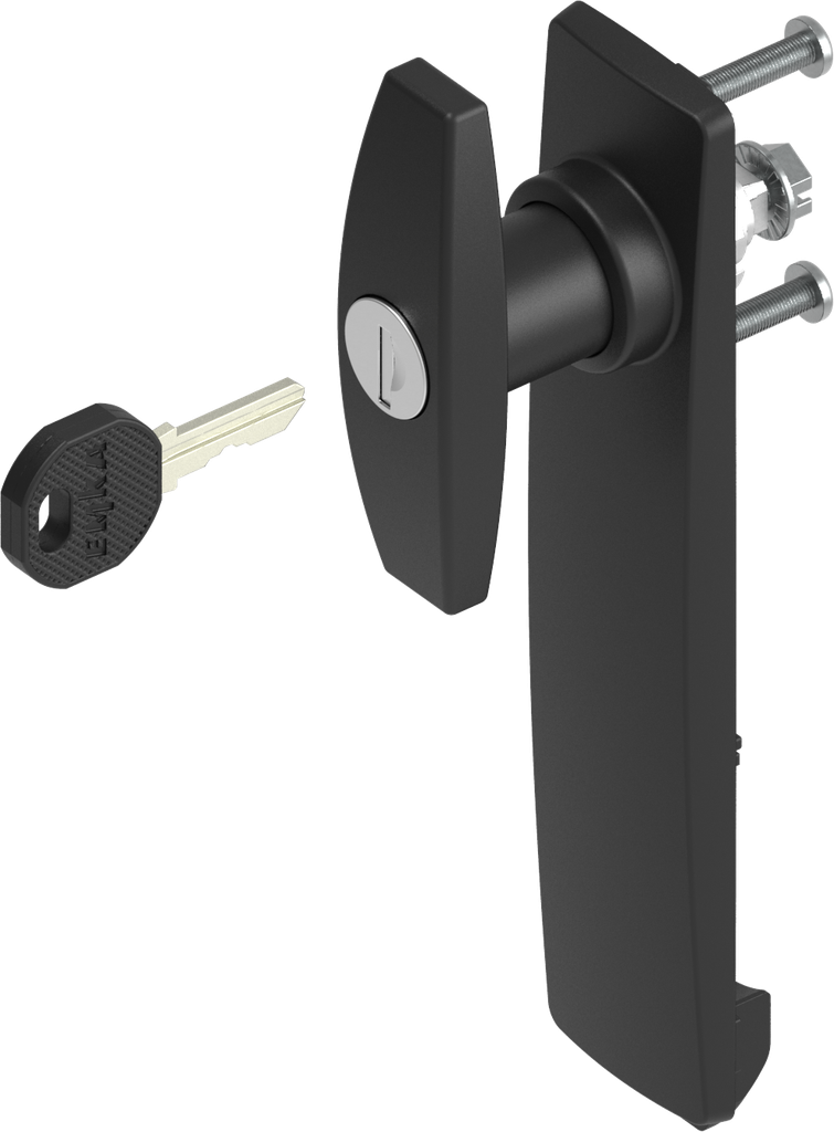 Escutcheon long with T-handle, keyed EK 333, Polyamide black and zinc die black powder-coated