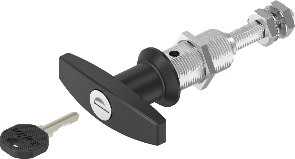 Compression latch with T-handle and adjustable cam height, keyed different, Zinc die black powder-coated