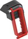 Emergency hammer with hand protection, belt cutter and holder with theft protection, Steel and poylamide red